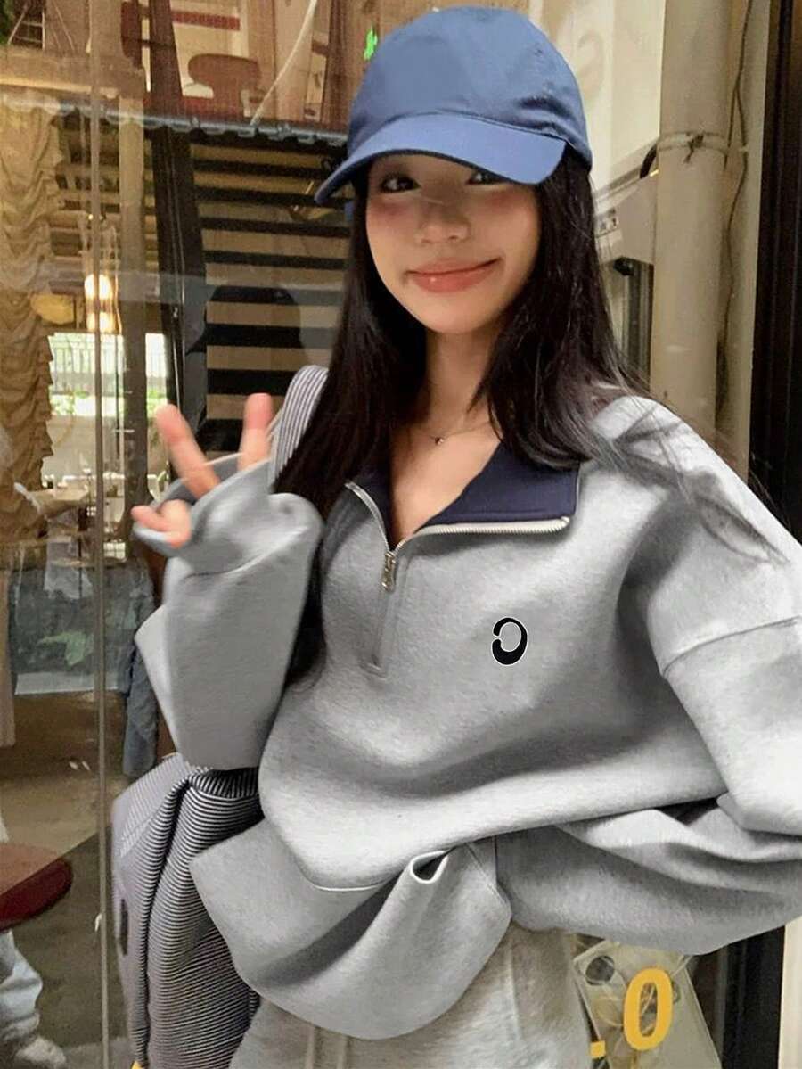 女款拼色半拉鍊長袖口袋運動衫 - 灰色 - 查看 1