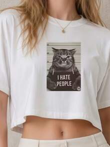 Cropped  feminino unissex estampado gato fashion estiloso tecido fresco leve confortável todas as ocasiões verão dia a dia divertido - Branco - Visão 2