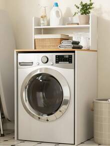 SoBuy | Washing Machine Cabinet With Oak Top | Over Washer Storage Shelf For UK Standard Washers | Utility Cupboard With 2 Shelves | 66*60*126 Cm | Load Capacity 33 Kg - 白色 - 查看 1