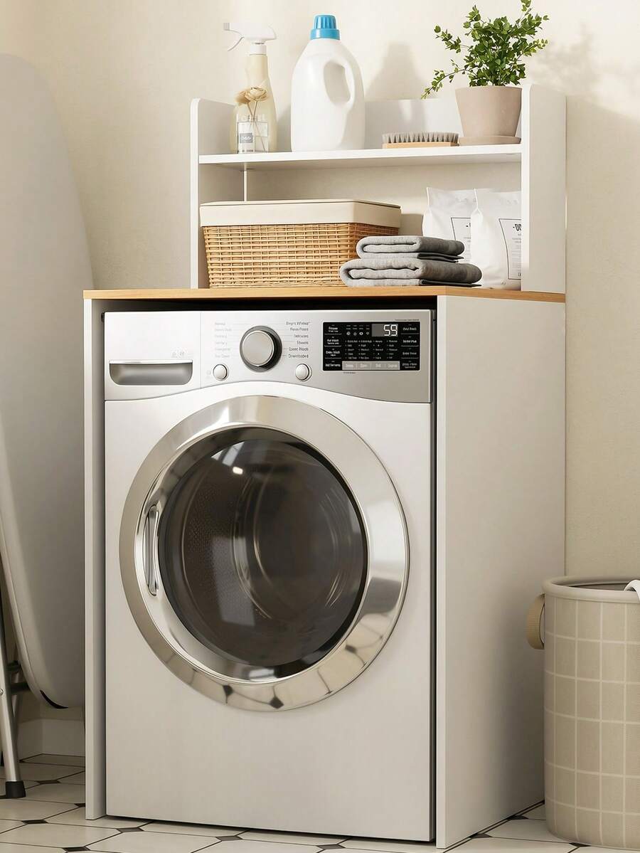 SoBuy | Washing Machine Cabinet With Oak Top | Over Washer Storage Shelf For UK Standard Washers | Utility Cupboard With 2 Shelves | 66*60*126 Cm | Load Capacity 33 Kg - 白色 - 查看 1