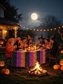 1pc Halloween Rainbow Tassel Table Skirt, Halloween Party Decoration, Orange Purple Black Wavy Metallic Foil Trim Table Skirt, Perfect For Rectangular Or Round Dining Table Decoration, Halloween Birthday Home Indoor Outdoor Party Supplies, Party Supplies Halloween Decoration - View 9