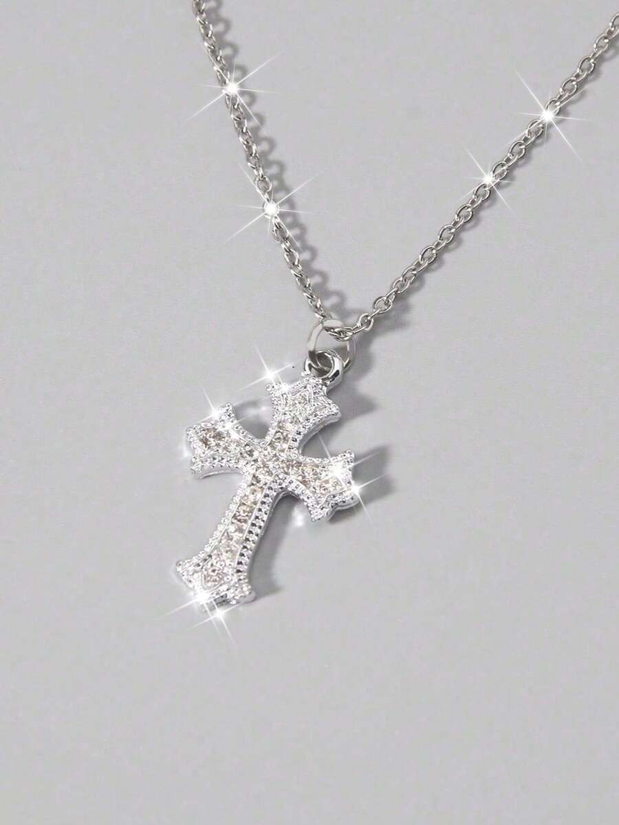 1pc Rhinestone Cross Gothic Luxury Necklace, Holiday Party Gift, Halloween Design Versatile Necklace, Valentine's Day Gift - Silver - View 1