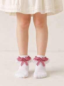 1 Pair Baby Cotton Silver Lace Plaid Bow Dance Ruffle Princess Fashion Versatile Party Socks - Multicolor - View 3