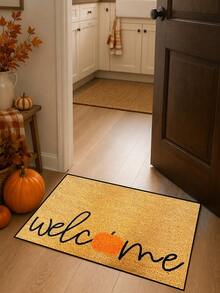 1pc, Autumn Harvest Festival Minimalist Orange Pumpkin Welcome Pattern Printed Indoor Doormat, Seasonal Style Machine Washable Polyester Fiber Doormat, Suitable For Living Room, Bedroom, Daily Decoration, All Seasons - Yellow - View 1