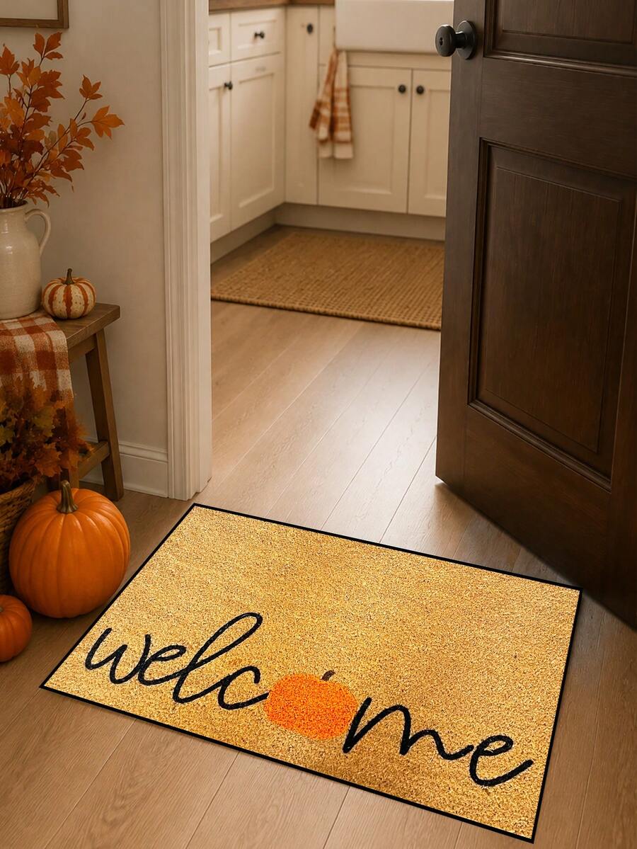 1pc, Autumn Harvest Festival Minimalist Orange Pumpkin Welcome Pattern Printed Indoor Doormat, Seasonal Style Machine Washable Polyester Fiber Doormat, Suitable For Living Room, Bedroom, Daily Decoration, All Seasons - Yellow - View 1