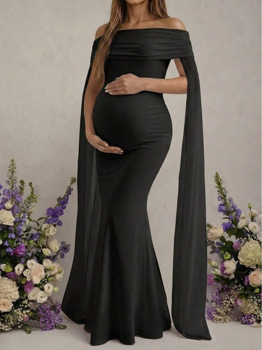 黑色露肩無袖透視針織彈性魚尾長洋裝,孕婦專用,優雅孕婦攝影拍照禮服,秋季派對洋裝 - 黑色 - 查看 1