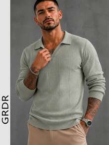 Men's Collared Knit Sweater, Vertical Striped Slimming Versatile Long Sleeve Top - Green - View 4