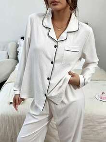 Solid Color Summer Women's Bubble Crinkle Print Pajama Set - Short Sleeve Button Collar Top And Pants, Soft Pajamas, Machine Washable, Wearable Long Sleeve Long Pants Pajama Set For Women - White - View 5