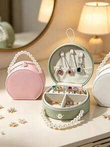 1pc/6pcs Portable Round Jewelry Box, Pearl Handle, PU Leather Mini Jewelry Organizer, Divided Soft Lining Storage Box, Scratch-Resistant Travel Jewelry Case, Compact Storage For Rings Earrings Necklaces, Ideal Gift For Women - Multicolor - View 4
