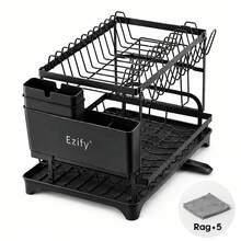 Senmeo 2-Tier Steel Dish Drying Rack, Includes 5 Rags + Built-In Drainboard And Hook Set, Rust-Proof & Sturdy, Space-Efficient For Kitchen/Countertop, Ideal Seasonal Storage Solution - White (gift 5 Cleaning Cloths) - View 9