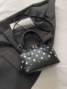 White Polka Dot Mini Shell Handbag, Contrast Color Base, Top Handle, Detachable Adjustable Crossbody Strap, Zipper Closure, Vintage Women's Daily Date Shoulder Bag - Black - View 6