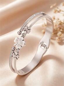 2pcs/1pc Lucky Grass 3D Flower Spring Bracelet Stainless Steel Plated 18K Gold Buckle Women's Decorative Bracelet - Multicolor - View 4