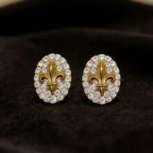French Vintage Zirconia Inlaid 18K Gold Plated 3D Iris Oval Stud Earrings For Women - Gold - View 1