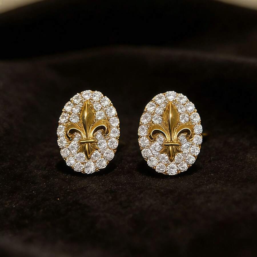 French Vintage Zirconia Inlaid 18K Gold Plated 3D Iris Oval Stud Earrings For Women - Gold - View 1
