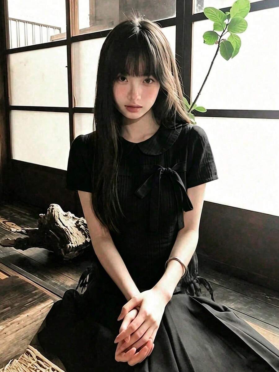 女款白色短袖上衣 夏季蝴蝶結綁帶修身甜美上衣 黑色 - 黑色 - 查看 1