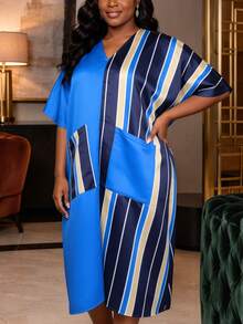 AOMEI Elegant African Style Women's Color-Block Satin Striped Midi Bubu Dress, Loose Fit With Pockets, Perfect For Church And Formal Occasions - Navy Blue - View 5