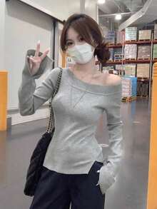 Women's Asymmetrical Neck Long Sleeve Knit Top, Slim Fit Flattering Minimalist Sexy Hot Girl Style Grey Base Layer Design TOPS - Grey - View 3