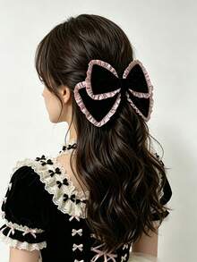 1pc Lolita Style Cute Girl Sweet Pink & Black Ruched 3D Big Bow Spring Clip Top Clip High Crown Ponytail Hair Accessory - Black - View 1