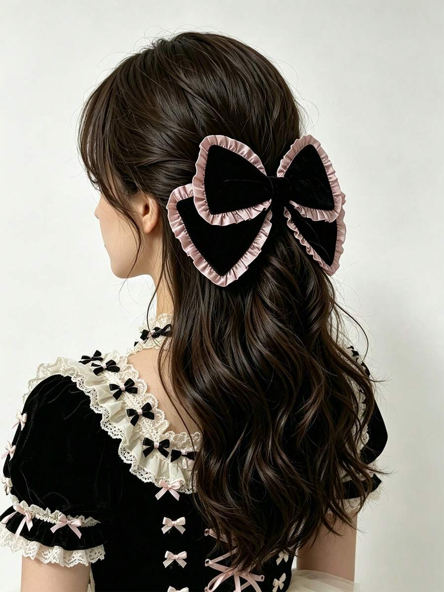 1pc Lolita Style Cute Girl Sweet Pink & Black Ruched 3D Big Bow Spring Clip Top Clip High Crown Ponytail Hair Accessory - Black - View 1
