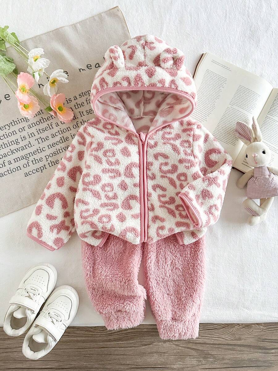 女嬰秋季兩件套服裝,新款秋冬時尚百搭可愛抓絨印花豹紋毛領外套搭配純色長褲,適合戶外穿著 - 粉色 - 查看 1