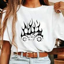 Streetwear, T-Shirt, Vintage Motorcycle Flame Graphic Print, Cotton Casual Loose Fit, Women Summer Daily Wear, 1 Piece - White - View 2