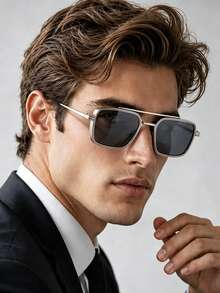 1 Par de Óculos de Sol Masculinos com Armação Quadrada de Ponte Dupla Prateada, Armação de Metal Leve com Decoração de Acabamento em Linha Fina, Lentes Cinza Escuro, Óculos de Sol Estilo Aviador Retrô de Negócios para Cavalheiros, Adequado para Primavera/Verão, Direção, Viagens de Negócios, Deslocamento Urbano, Uso Formal e Casual Diário - Moldura prateada, folha cinza - Visão 5