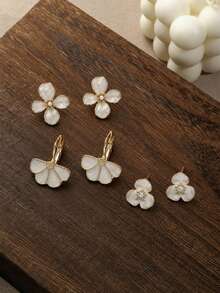 6pcs Simple And Cute Versatile White Drip Oil Flower Inlaid Faux Pearl Earrings For Women, Suitable For Daily, Vacation, Wedding Wear, Gift Giving - White - View 5