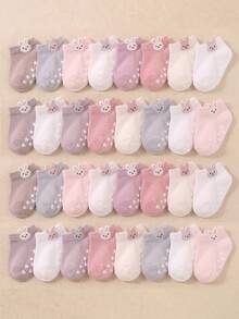 12/24 Pairs Pink Rabbit Jacquard Ear Design Non-Slip Grip Ankle Socks, Toddler Baby First Walker Socks, Soft Breathable Elastic, 0-36M School Baby Socks - Multicolor - View 3