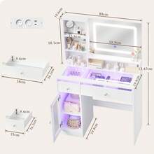 Devoko tocador con espejo LED, iluminación RGB y modo música, tocador con superficie de cristal, cajones, estante abierto, regleta de enchufes, USB/Tipo C y función de temporizador, blanco - Ver 11