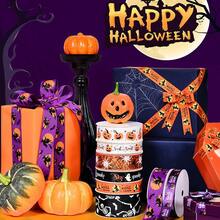 Halloween Ribbon 9.1m Roll, Holiday Party Decoration Gift Wrapping Ribbon, Hair Accessories, Bows, Floral Packaging DIY Halloween Ribbon - Trick Or Treat Pumpkin, 1.6cm Wide, 9 Meters/roll - View 1