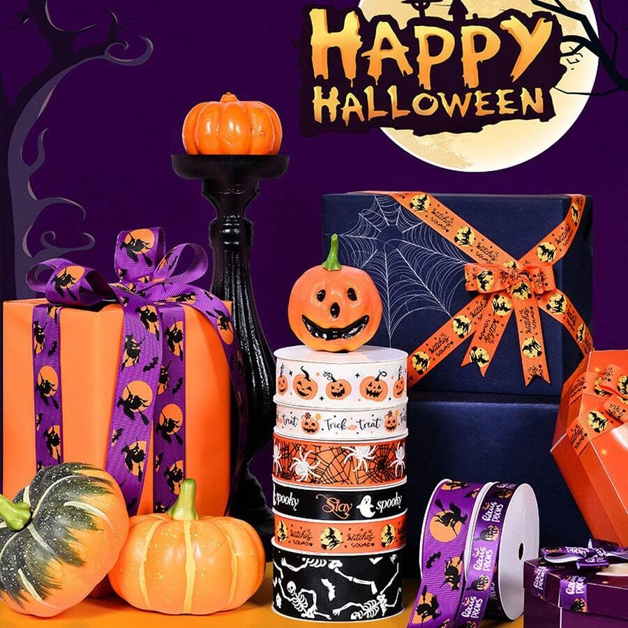 Halloween Ribbon 9.1m Roll, Holiday Party Decoration Gift Wrapping Ribbon, Hair Accessories, Bows, Floral Packaging DIY Halloween Ribbon - Trick Or Treat Pumpkin, 1.6cm Wide, 9 Meters/roll - View 1