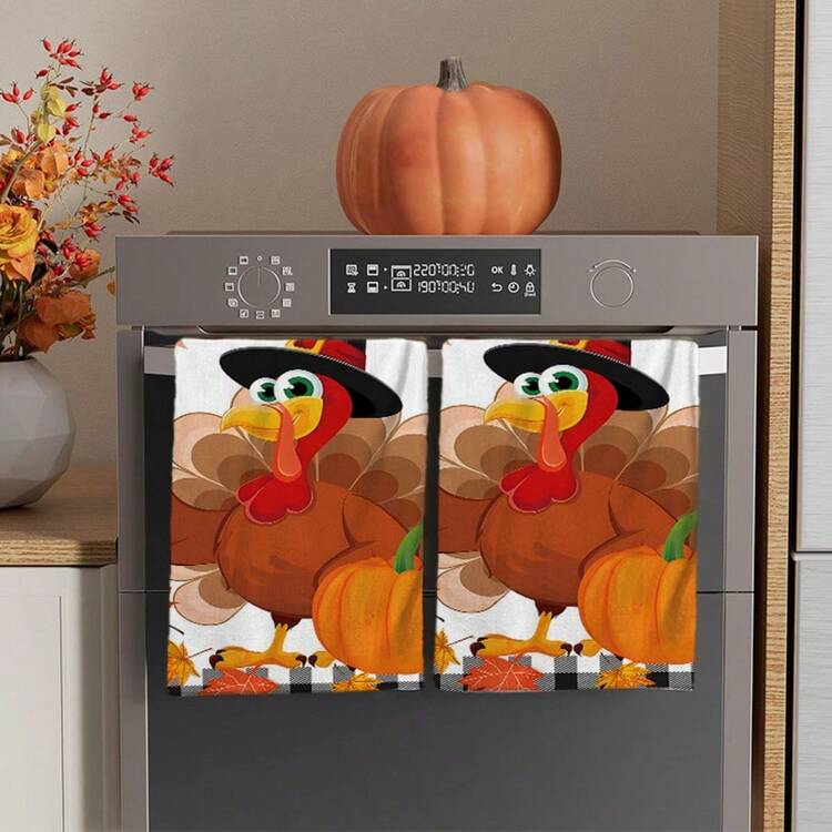 2/4/48pcs Autumn Series Cartoon Pilgrimage Hat Turkey Pattern Printed Kitchen Towels - Ultra Soft, Highly Absorbent Polyester Tableware And Hand Towels, Perfect For Holiday Decor, Kitchen Decor, Party Decor - Multicolor - View 14