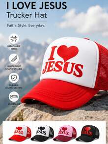 1件中性款 I Love Jesus 3D 泡泡印花卡車司機帽，透氣網布後背可調節卡扣式棒球帽，信仰勵志輕量日常帽 - i love jesus - 查看 2