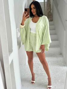 Conjunto Feminino De Kimono E Shorts No Tecido Viscolinho Tamanho Único Veste 38 ao 42 Moda Verão - Verde/Off - Visão 4