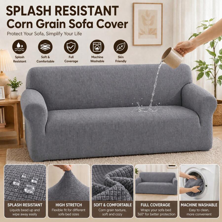 Splash Resistant Corn Grain Textured Sofa Cover, 360 Full Wrap Elastic Anti-Scratch Pet Friendly Couch Slipcover, Machine Washable Universal Sofa Protector For 1/2/3/4 Seater Sofa