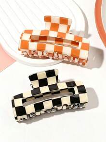 2/1pc Black White Orange White Acetate Checkerboard Colorblock Square Hair Claw Elegant High-End Suitable For Ball Party Tea Party Updo Women's Hair Accessory - Multicolor - View 4