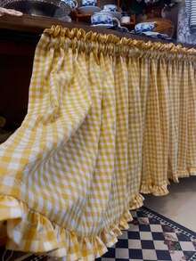 1pc Yellow Plaid Short Curtain, Korean Retro Style, Half-Length Window Curtain, Cabinet Cover, Bathroom Small Window Curtain - Multicolor - View 4