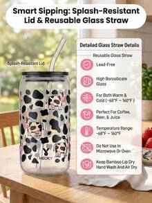 Meoky 16oz Glass Cup, Cow Print, High Borosilicate Glass Jar-Shaped Cup. Multi-Functional Kitchenware, Suitable For Home Hospitality, School Lunch Box And Office Coffee. Charming Everyday Cup And Party Favor. - Black Lid Black and White Cow - View 6