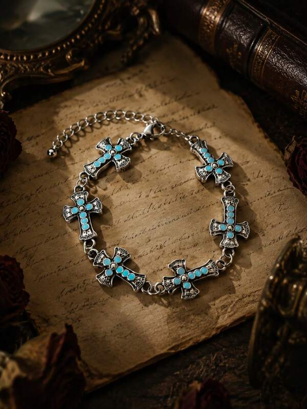 Vintage Distressed Antique Silver Turquoise Cross Anklet Bracelet, Gothic Punk Style Adjustable Extension Chain, Niche Personalized Unisex Streetwear Foot & Hand Jewelry