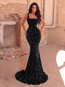 Faeriesty Elegant Sequin Sleeveless Spaghetti Strap Backless Mermaid Dress, Suitable For Formal Parties And Weddings - 黑色 - 查看 8