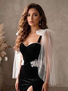 1 Pair Detachable Faux Pearl Bow Bridal Shawl, White Mesh Shoulder Sleeves, Wedding Party Strapless Dress Shoulder Accessory - Multicolor - View 3