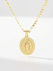 1pc Classic European And American Design Copper Inlaid Zirconia Small Vintage Gold Hollow Guadalupe Virgin Mary Pendant Necklace, Suitable For Christmas/Thanksgiving/Halloween/Mother's Day/Valentine's Day Gifts For Couples/Friends/Godparents, Catholic First Communion, Gifts, Daily And Festival Wear Prayer - Yellow Gold - View 1