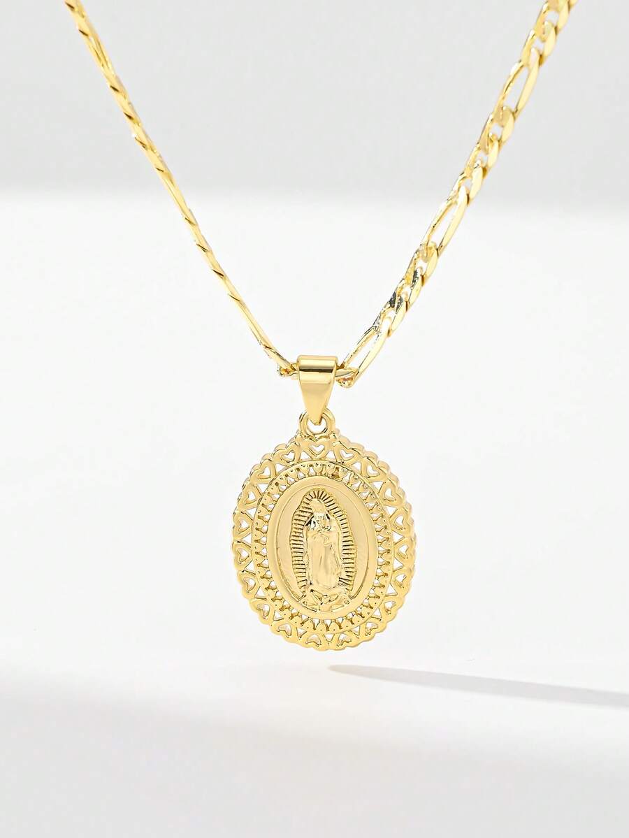 1pc Classic European And American Design Copper Inlaid Zirconia Small Vintage Gold Hollow Guadalupe Virgin Mary Pendant Necklace, Suitable For Christmas/Thanksgiving/Halloween/Mother's Day/Valentine's Day Gifts For Couples/Friends/Godparents, Catholic First Communion, Gifts, Daily And Festival Wear Prayer - Yellow Gold - View 1