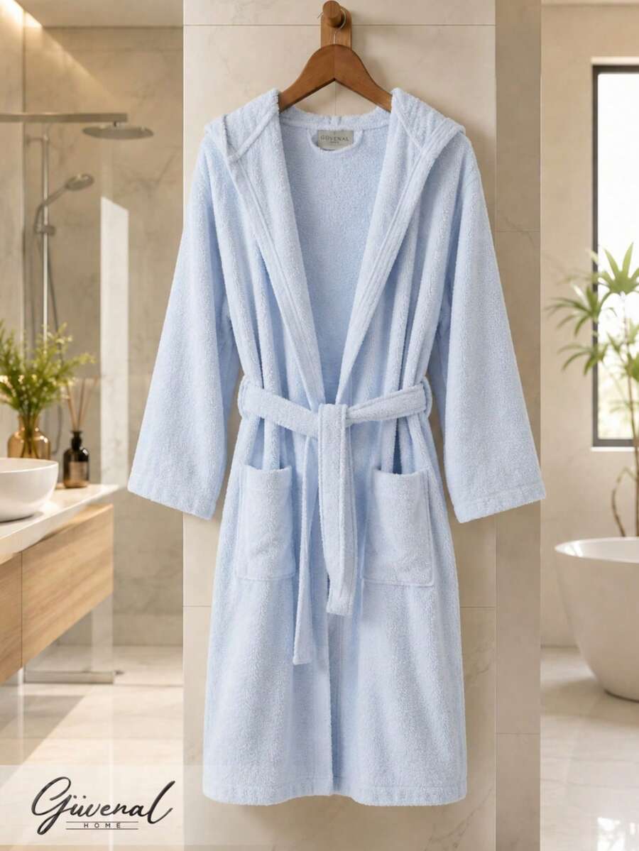 Stella Cotton Velvet Hooded Robe | Women's Robe | Men's Robe | Bridal Set | Bathroom - Blue - View 1