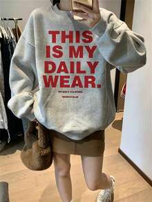 Women's Crew Neck Sweatshirt, New Autumn/Winter Letter Print, Casual Versatile Loose Fit Top, Fashionable Daily Wear - Dark Gray - View 2
