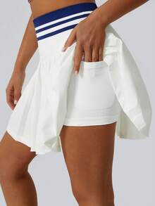 Rok Tenis Wanita Putih Colorblock Pinggang Tinggi, Saku Terintegrasi dan Celana Pendek Musim Panas - Putih - View 3