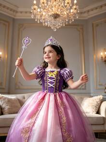 Girls' Lavender Purple Princess Dress, Short Puff Sleeves With Mesh Patchwork And Embroidery, Girls' Dress With Crown And Magic Wand, Children's Halloween Costume, Girls' Halloween Dress, Birthday Party Stage Performance Dress, Stage Performance Everyday Versatile Puff Hem - Purple - View 1