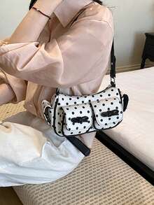 女款波點牛仔布蝴蝶結裝飾可調節肩帶休閒腋下包，適合日常使用 - 白色 - 查看 6