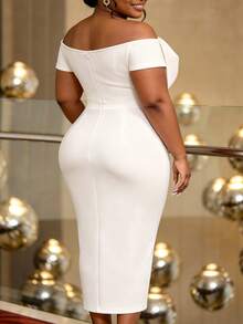 Fashion Plus Size Women's White Fitted Mid-Length Dress, Off-Shoulder Large Bow Front Slit, Elegant Wedding Guest Party Evening Summer Dress - White - View 5