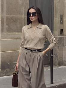 Women's Autumn/Winter Commute Office Workplace Outfit, Ribbed Hem Elegant Social Autumn Sweater - Khaki - View 8